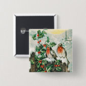 Vintage Christmas Card with Robins, Holly, Church 缶バッジ (正面&裏面)