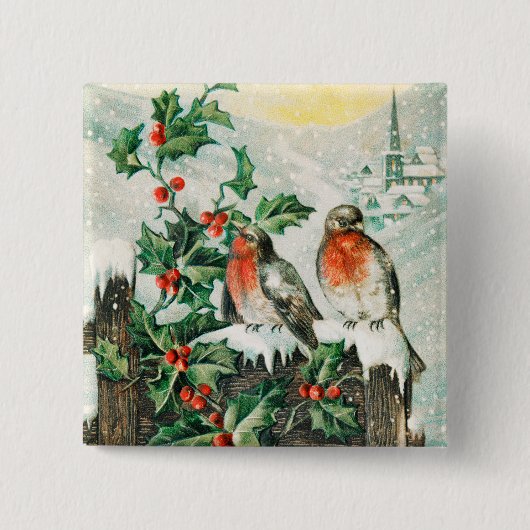 Vintage Christmas Card with Robins, Holly, Church 缶バッジ (正面)