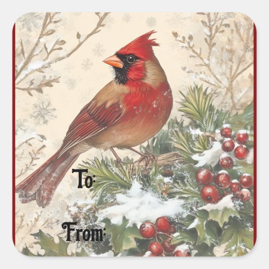 Vintage Christmas Cardinal Gift Sticker スクエアシール (正面)