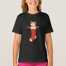 Vintage Christmas Cat in Stocking Tシャツ