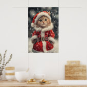 Vintage Christmas Cat Print, Retro Holiday ポスター (キッチン)