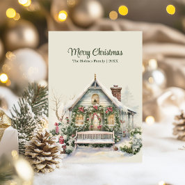 Vintage Christmas Cottage with Porch Personalized シーズンカード