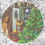 Vintage Christmas, Cozy Log Cabin with Fireplace ラウンドシール<br><div class="desc">Vintage illustration Merry Christmas holiday design featuring a decorated Christmas tree and a blazing fire in the fireplace in the living room of a cute log cabin home. The interior living room of a cute house or cottage in the woods in winter. Knitting needles and yarn are draped over a...</div>