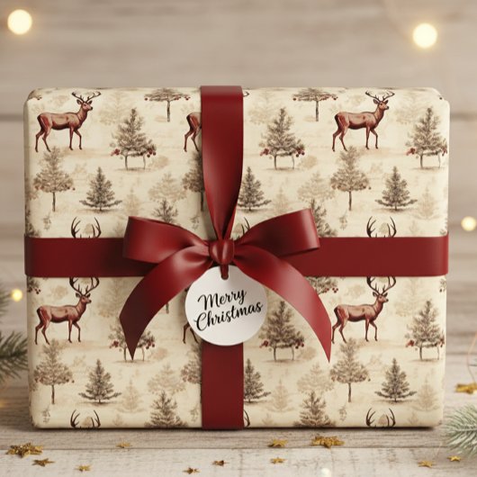 Vintage Christmas Deer and Tree ラッピングペーパー