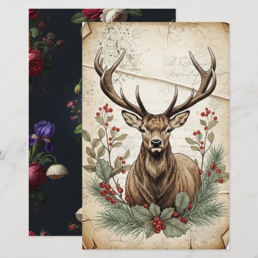 Vintage Christmas Deer Decoupage Art (正面/裏面)