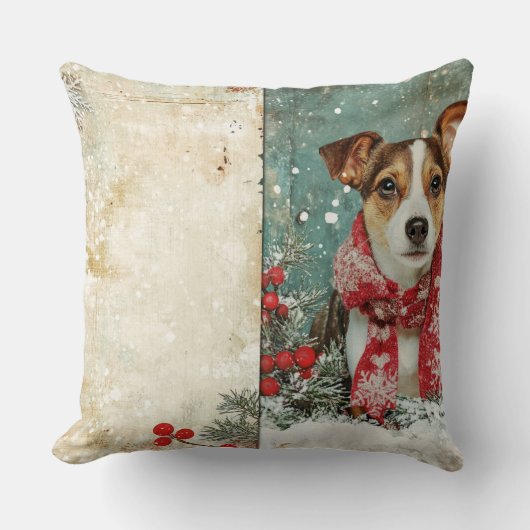 Vintage Christmas Dog Pillow – Rustic Holiday  クッション (正面)