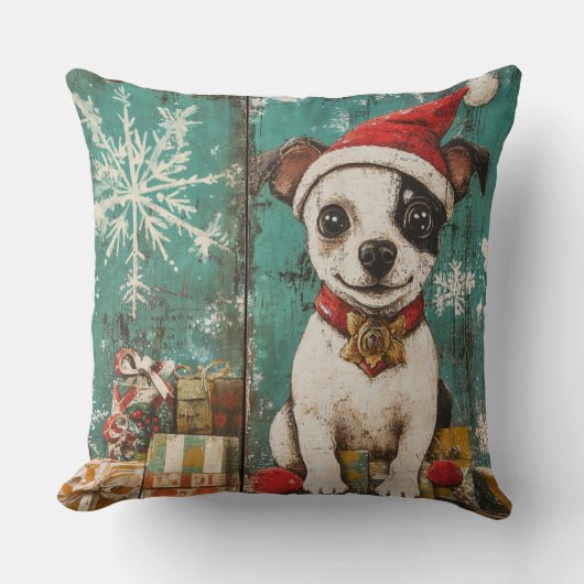 Vintage Christmas Dog Pillow – Rustic Holiday  クッション (正面)
