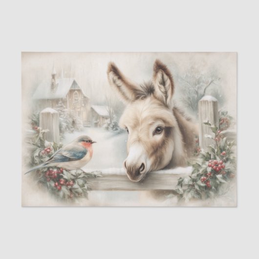 Vintage Christmas Donkey and Robin Decoupage 薄葉紙 (正面)