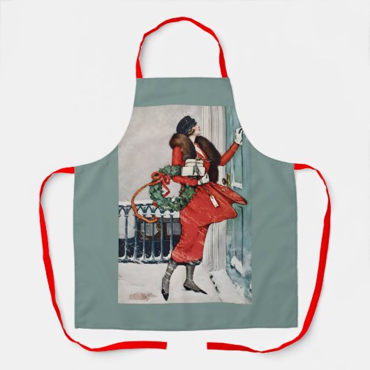 Vintage Christmas Doorstep Illustration エプロン (正面)