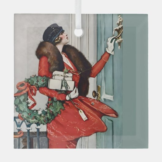 Vintage Christmas Doorstep Illustration ガラスオーナメント (正面)
