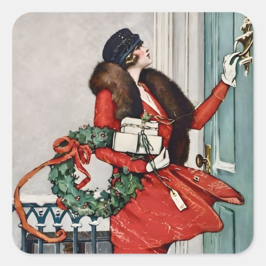Vintage Christmas Doorstep Illustration スクエアシール (正面)