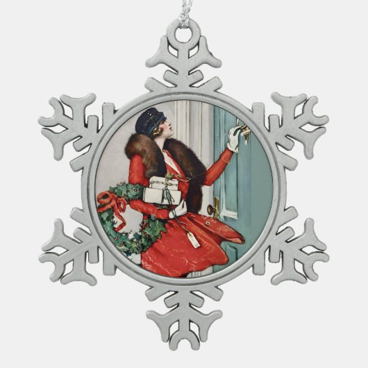 Vintage Christmas Doorstep Illustration スノーフレークピューターオーナメント (正面)