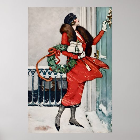 Vintage Christmas Doorstep Illustration ポスター (正面)