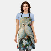 Vintage Christmas Doves on Snowy Evergreen Branch エプロン (着用した状態)