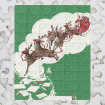 Vintage Christmas Eve, Retro Santa Claus in Sleigh ジグソーパズル<br><div class="desc">Vintage illustration Christmas holiday design featuring Santa Claus flying his sleigh with his reindeer. They are about to land on rooftops and delivery toys to all the good little boys and girl in town.  Ho,  ho,  ho,  Merry Christmas!</div>