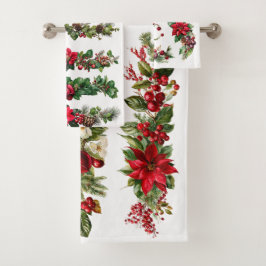 Vintage Christmas Floral and Berry Watercolor Clip バスタオルセット