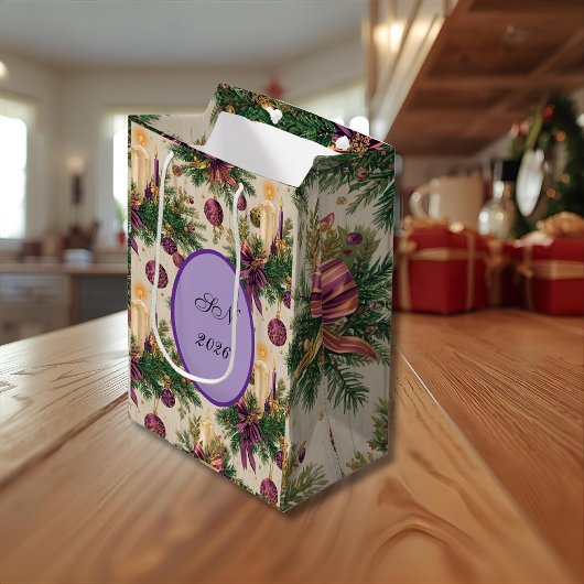 Vintage Christmas Gift Bag with Custom Monogram ミディアムペーパーバッグ