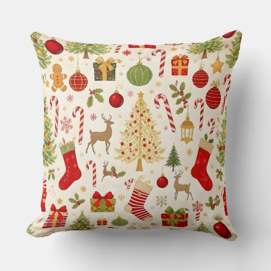 Vintage Christmas Gift & Candy Throw Pillow クッション (正面)