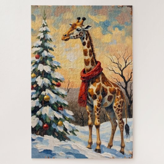 Vintage Christmas Giraffe in Snowy Savanna ジグソーパズル (縦)