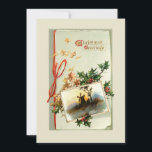 Vintage Christmas Greetings w/Holly & Ivy シーズンカード<br><div class="desc">金ゴールドでのクリスマス挨拶をテーマにした風車を描いたシーンを描いた古い英語のスクリプトは、アイビー、ホリー、赤いリボンに囲まれた風車の風車を持つ風変わりで懐かしいヴィンテージデザイン。背面には、補完的なグラフィックスと編集可能な文字フィールドが用意されている。</div>