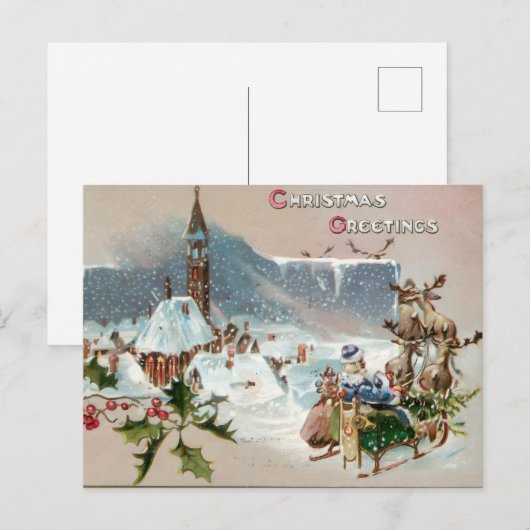 Vintage CHRISTMAS GREETINGS with Santa on Sleigh ポストカード (正面/裏面)