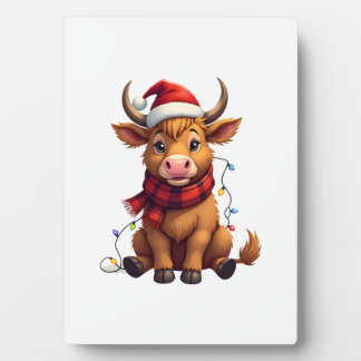 Vintage Christmas Highland Cow Cute Holiday Vector フォトプラーク