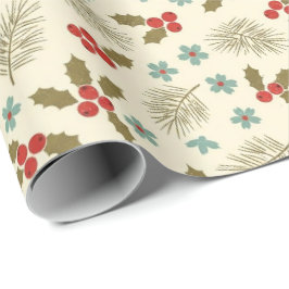 Vintage Christmas Holly & Pine Pattern ラッピングペーパー