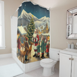 Vintage Christmas Illustration シャワーカーテン