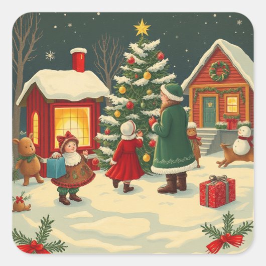 Vintage Christmas Illustration スクエアシール (正面)
