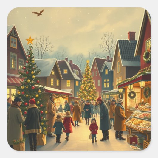 Vintage Christmas Illustration スクエアシール (正面)