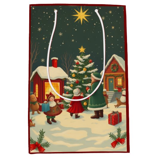 Vintage Christmas Illustration ミディアムペーパーバッグ (正面)