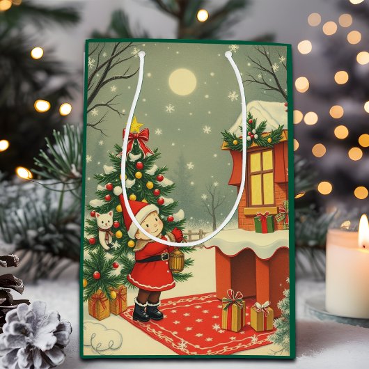 Vintage Christmas Illustration ミディアムペーパーバッグ
