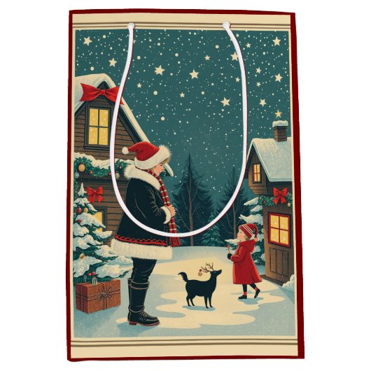 Vintage Christmas Illustration ミディアムペーパーバッグ (正面)
