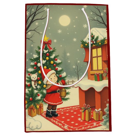 Vintage Christmas Illustration ミディアムペーパーバッグ (正面)