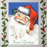 Vintage Christmas, Jolly Santa Claus with Music ポスター<br><div class="desc">Vintage illustration Merry Christmas holiday image featuring a jolly Santa Claus with a big smile or grin. He is smiling, laughing and wearing a Santa hat with some holly and berries. His bright red hat has a bell on the end that is playing some music and musical notes are floating...</div>