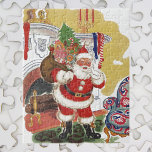 Vintage Christmas, Jolly Santa Claus with Presents ジグソーパズル<br><div class="desc">Vintage illustration Christmas holiday design from the classic children's story book "Twas the Night Before Christmas." This design features a jolly Santa Claus in a living room of a child's house after having climbed down the chimney with a sack full of toys on Christmas Eve. Stockings are hanging on the...</div>