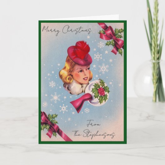 Vintage Christmas Lady Custom Name Blank Inside シーズンカード (正面)