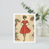Vintage Christmas Lady in Red Holiday Postcard シーズンポストカード (スタンド正面)