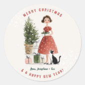 Vintage Christmas Lady with Cat Personalized ラウンドシール (正面)