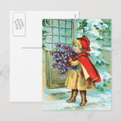 Vintage Christmas Little Girl & Violets シーズンポストカード (正面/裏面)