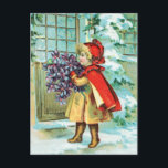 Vintage Christmas Little Girl & Violets シーズンポストカード<br><div class="desc">Cute vintage Christmas postcard image of little girl in red cape carrying a bouquet of violets.  Snow covered trees and ground. Great old Xmas image from an old card.</div>