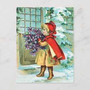 Vintage Christmas Little Girl & Violets シーズンポストカード