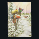 Vintage Christmas, Mailboxes in Winter Landscape キッチンタオル<br><div class="desc">ヴィンテージイラストレーションビクトリアンエラメリークリスマスの休日の画像は、雪の上にクリスマスのメールと冬のプレゼントで満たされたメールボックスの雪の風景を特徴とする。馬描車が雪の通りを横に木々と森で走っている。ハッピーホリデーと季節のご挨拶！</div>