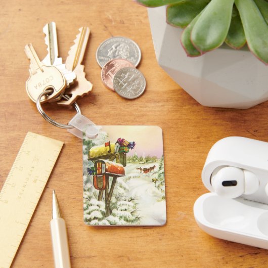 Vintage Christmas, Mailboxes in Winter Landscape キーホルダー (デスク)