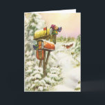 Vintage Christmas, Mailboxes in Winter Landscape シーズンカード<br><div class="desc">ヴィンテージイラストレーションビクトリアンエラメリークリスマスの休日の画像は、雪の上にクリスマスのメールと冬のプレゼントで満たされたメールボックスの雪の風景を特徴とする。馬描車が雪の通りを横に木々と森で走っている。ハッピーホリデーと季節のご挨拶！</div>
