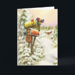 Vintage Christmas, Mailboxes in Winter Landscape シーズンカード<br><div class="desc">ヴィンテージイラストレーションビクトリアンエラメリークリスマスの休日の画像は、雪の上にクリスマスのメールと冬のプレゼントで満たされたメールボックスの雪の風景を特徴とする。馬描車が雪の通りを横に木々と森で走っている。ハッピーホリデーと季節のご挨拶！</div>