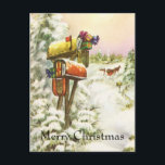 Vintage Christmas, Mailboxes in Winter Landscape シーズンポストカード<br><div class="desc">ヴィンテージイラストレーションビクトリアンエラメリークリスマスの休日の画像は、雪の上にクリスマスのメールと冬のプレゼントで満たされたメールボックスの雪の風景を特徴とする。馬描車が雪の通りを横に木々と森で走っている。ハッピーホリデーと季節のご挨拶！</div>
