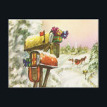 Vintage Christmas, Mailboxes in Winter Landscape シーズンポストカード<br><div class="desc">ヴィンテージイラストレーションビクトリアンエラメリークリスマスの休日の画像は、雪の上にクリスマスのメールと冬のプレゼントで満たされたメールボックスの雪の風景を特徴とする。馬描車が雪の通りを横に木々と森で走っている。ハッピーホリデーと季節のご挨拶！</div>