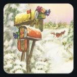 Vintage Christmas, Mailboxes in Winter Landscape スクエアシール<br><div class="desc">ヴィンテージイラストレーションビクトリアンエラメリークリスマスの休日の画像は、雪の上にクリスマスのメールと冬のプレゼントで満たされたメールボックスの雪の風景を特徴とする。馬描車が雪の通りを横に木々と森で走っている。ハッピーホリデーと季節のご挨拶！</div>