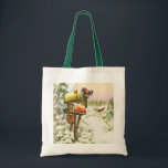 Vintage Christmas, Mailboxes in Winter Landscape トートバッグ<br><div class="desc">ヴィンテージイラストレーションビクトリアンエラメリークリスマスの休日の画像は、雪の上にクリスマスのメールと冬のプレゼントで満たされたメールボックスの雪の風景を特徴とする。馬描車が雪の通りを横に木々と森で走っている。ハッピーホリデーと季節のご挨拶！</div>